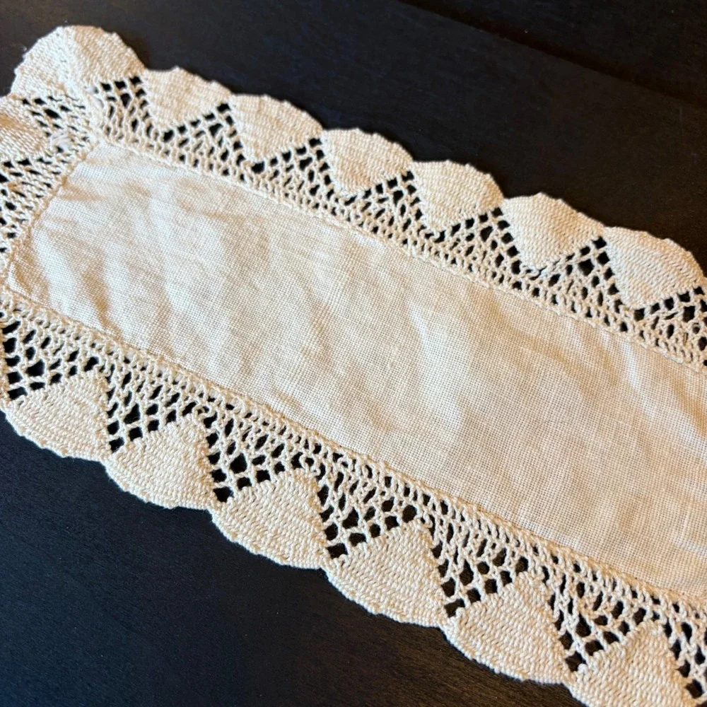 Vintage Off White Linen Dresser Scarf Crochet Lace Trim Small Table Runner 13x6